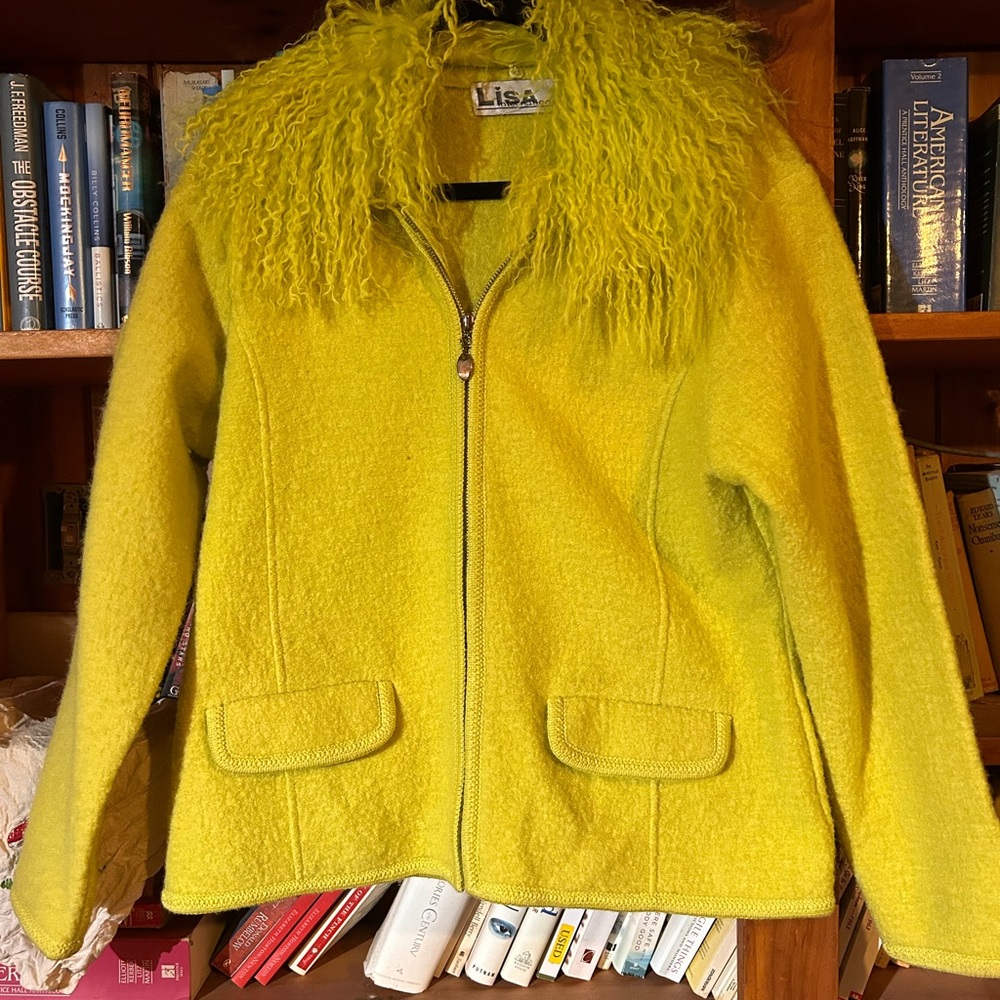 Vintage Women's Green/Yellow Wool Jacket with Faux Fur Collar